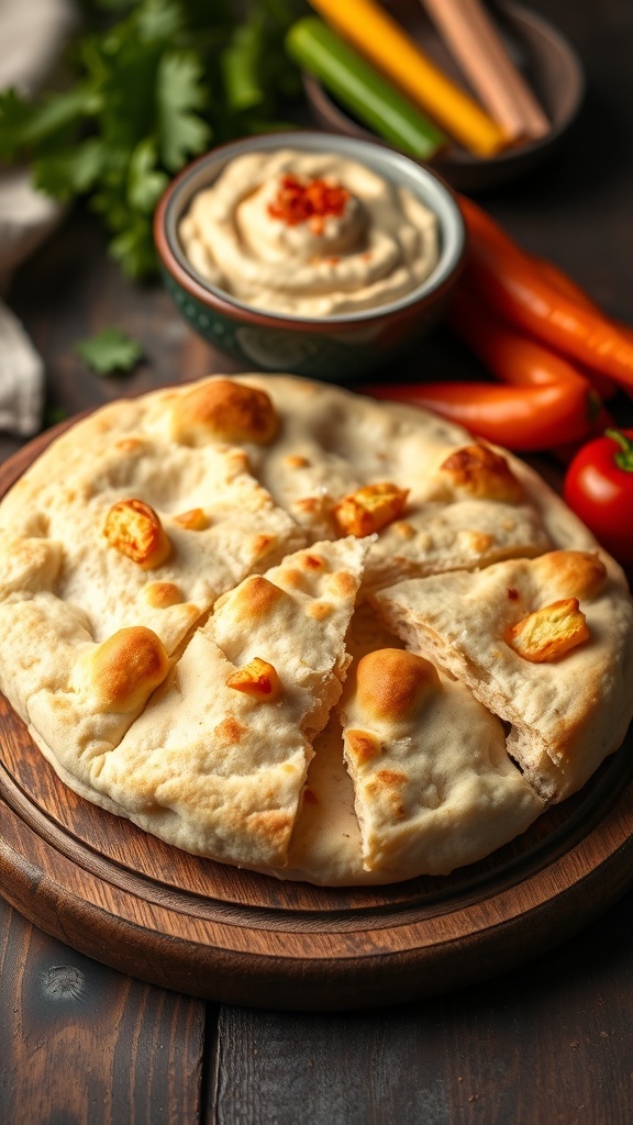 How to Heat Up Pita Bread Warm pita bread on a cutting board with hummus and vegetables.